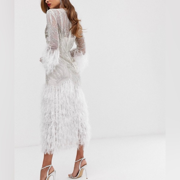 ASOS Elegant Silver Beaded White Feathered Women's Dress - Picture 4 of 4